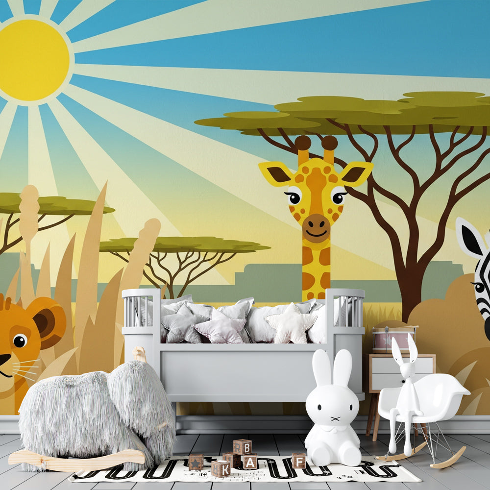 African safari mural wallpaper transforming kids playroom with warm wildlife theme