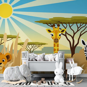 African safari mural wallpaper transforming kids playroom with warm wildlife theme