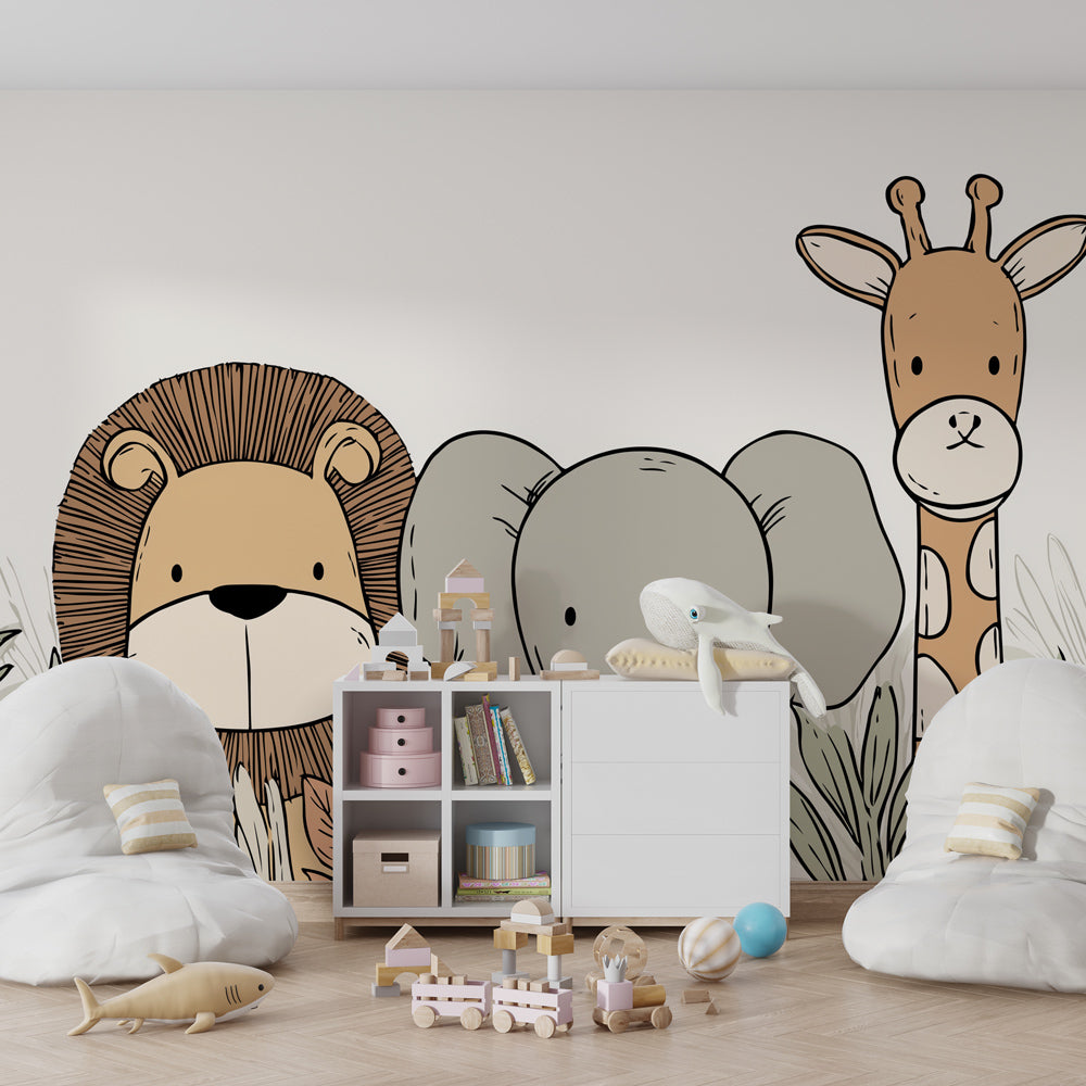 Children's safari mural wallpaper transforming playroom into African savanna adventure space