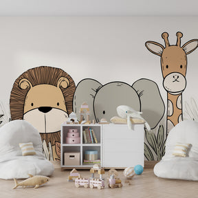 Children's safari mural wallpaper transforming playroom into African savanna adventure space