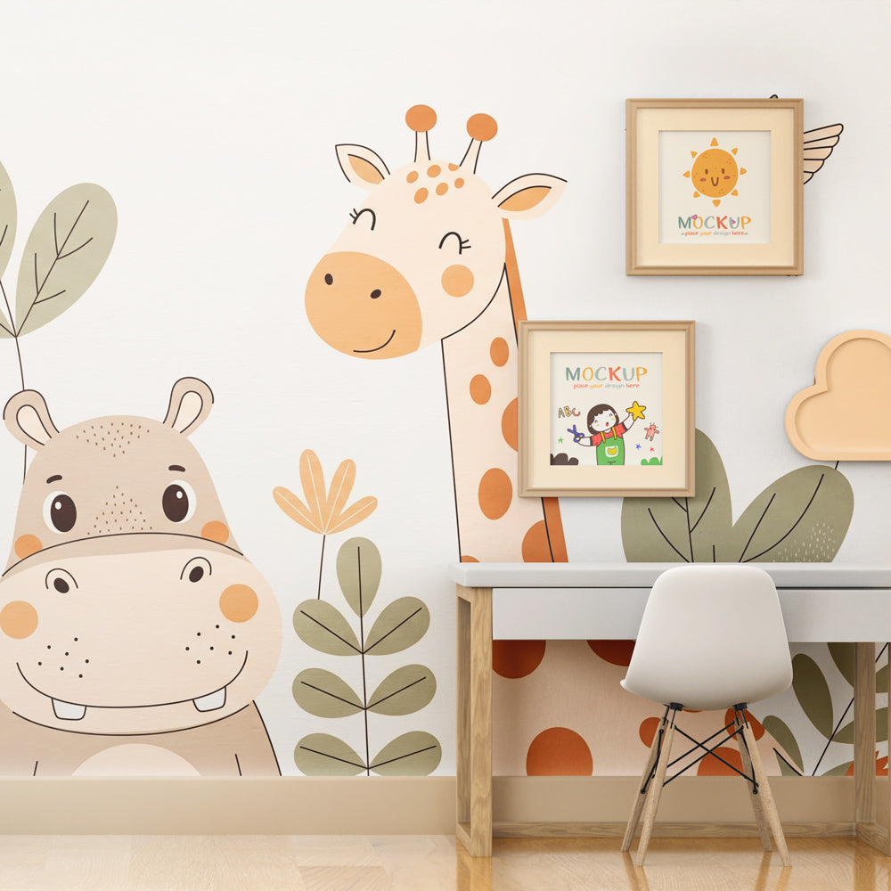 Safari themed mural wallpaper transforming kids playroom with gentle animal characters