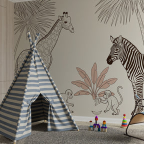 African safari themed mural wallpaper transforming children's playroom into adventure zone