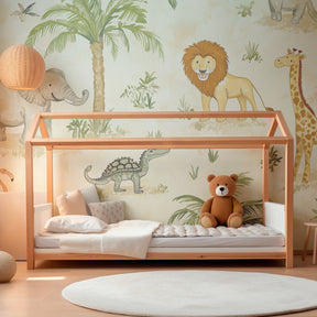 Safari themed mural wallpaper with palm trees and wildlife creating educational playroom decor for kids