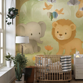 Children's safari themed mural wallpaper in bright playroom setting by Kids-Mundo