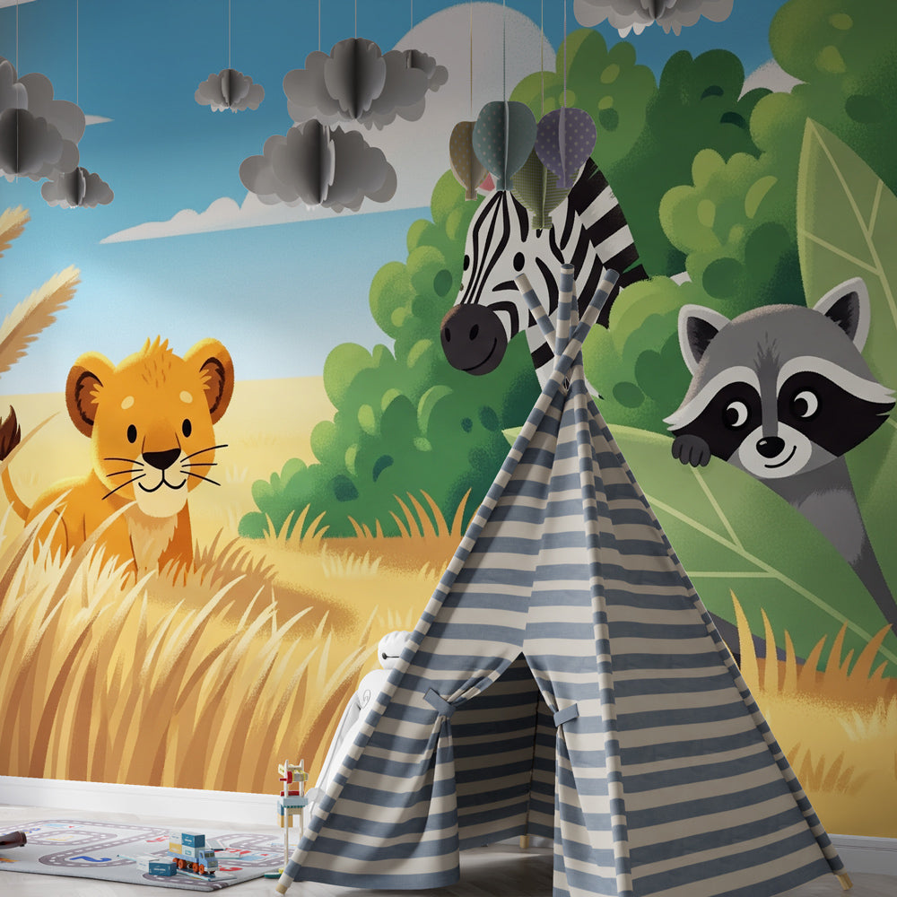 African safari mural wallpaper with golden grasslands in colorful kids playroom setting