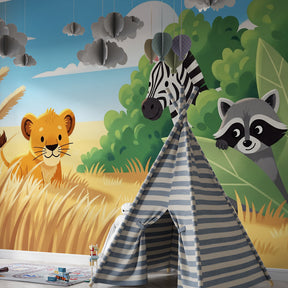 African safari mural wallpaper with golden grasslands in colorful kids playroom setting