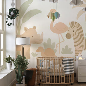 Educational safari themed mural wallpaper with flamingo and turtles in bright kids playroom setting