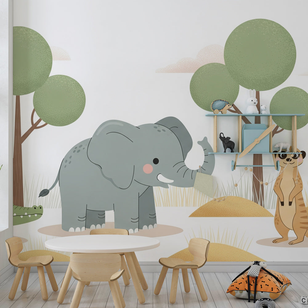 African safari wallpaper for kids playroom featuring friendly animals in green savanna setting