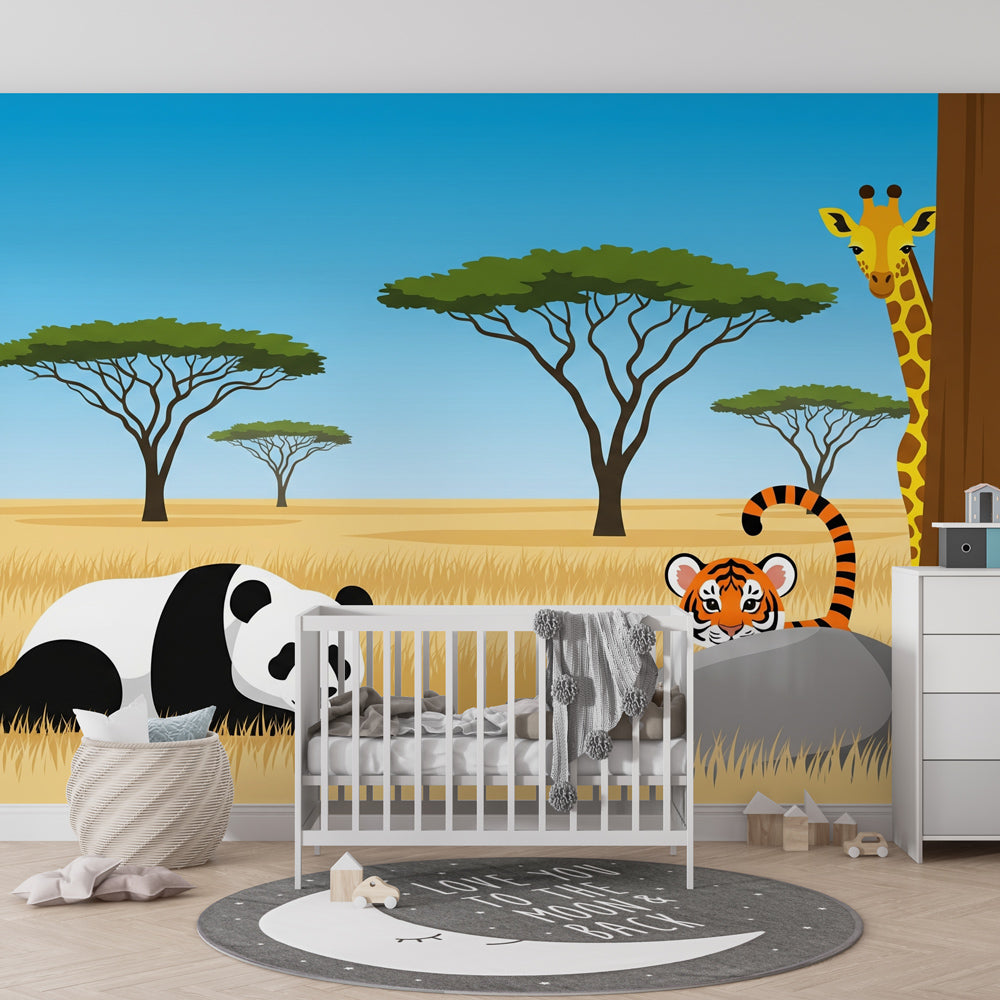 Animal themed mural wallpaper featuring savanna scene in bright children's playroom setting