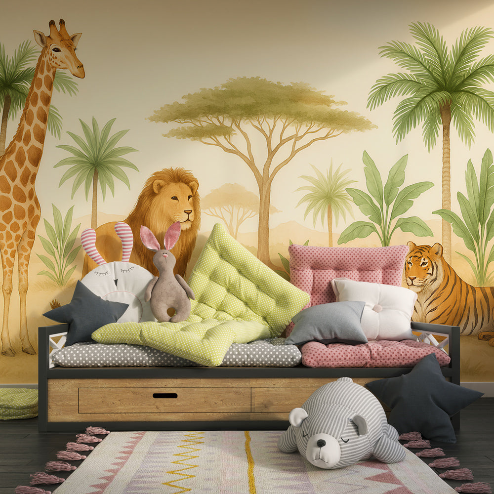 Safari adventure wallpaper transforming children's playroom with tropical animals and plants