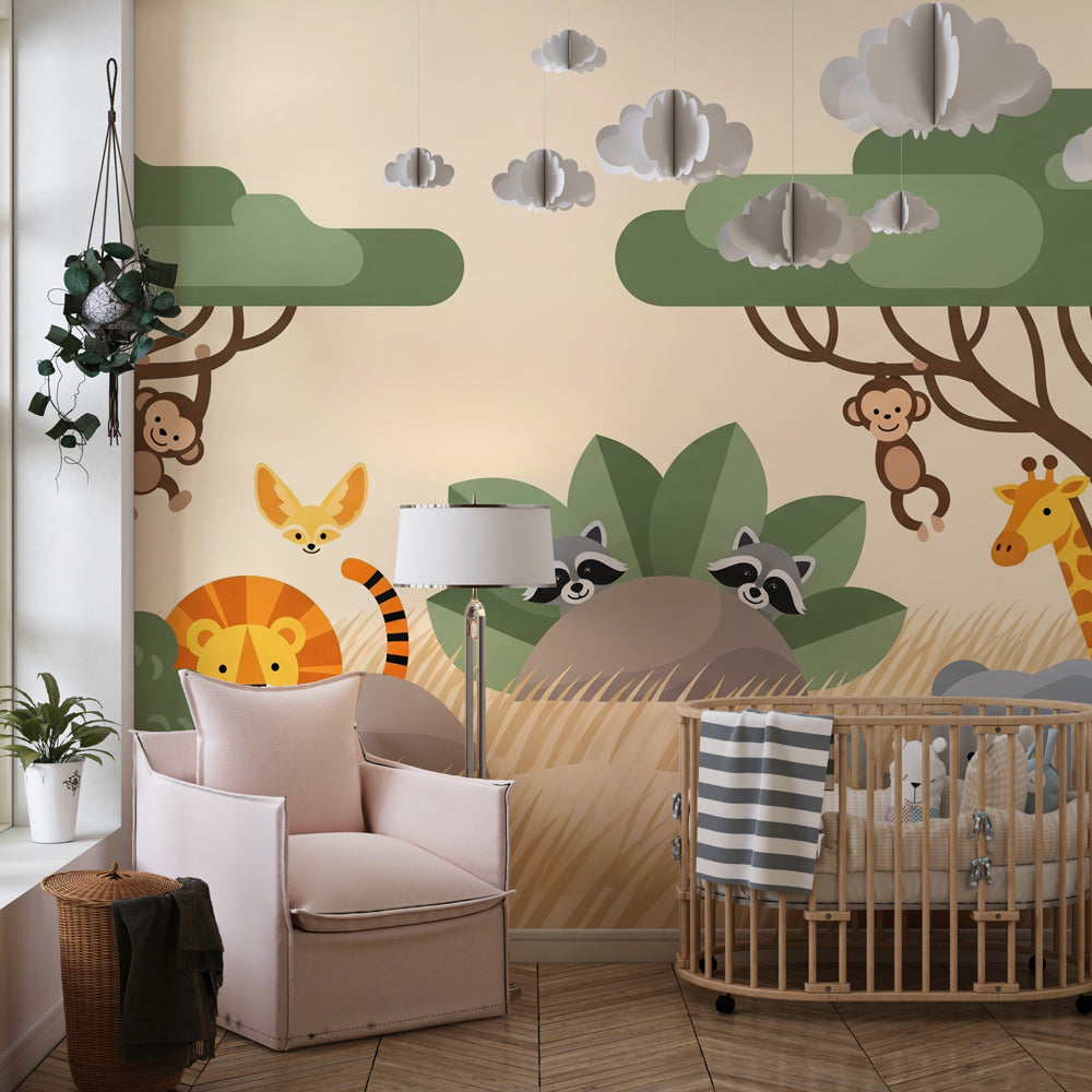 Colorful safari animals wallpaper transforming kids playroom into wild adventure space by Kids-Mundo