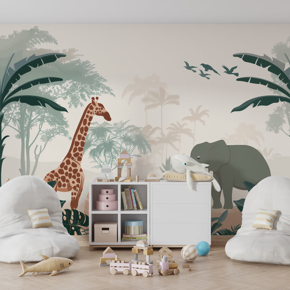 Exotic safari wallpaper featuring elephants and giraffes in colorful children's playroom