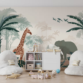Exotic safari wallpaper featuring elephants and giraffes in colorful children's playroom