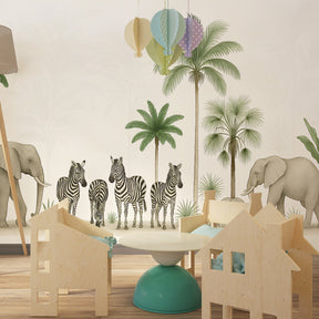 Educational safari wallpaper with elephant family and zebras for kids playroom