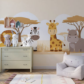 Safari themed mural wallpaper transforming kids playroom with African savanna animals and trees