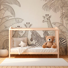 Tropical safari wallpaper featuring giraffes and zebras in children's playroom setting