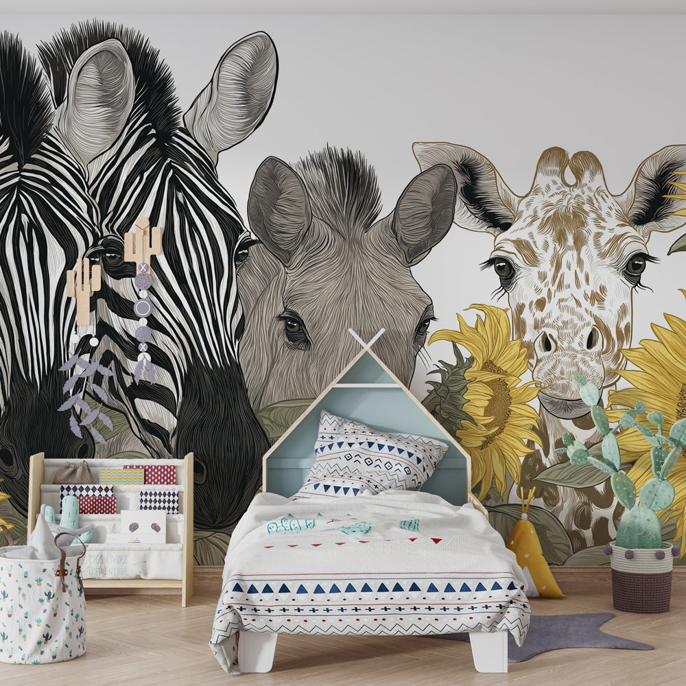 Zebra and giraffe mural wallpaper creating adventure atmosphere in kids playroom