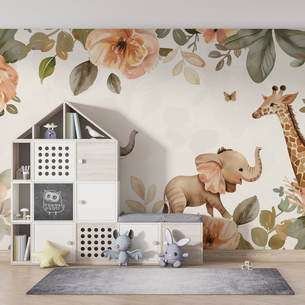 Watercolor safari mural wallpaper featuring elephants and giraffes in bright playroom setting