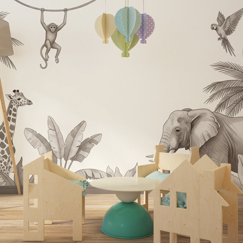 Wildlife themed mural wallpaper transforming children's playroom into safari adventure space