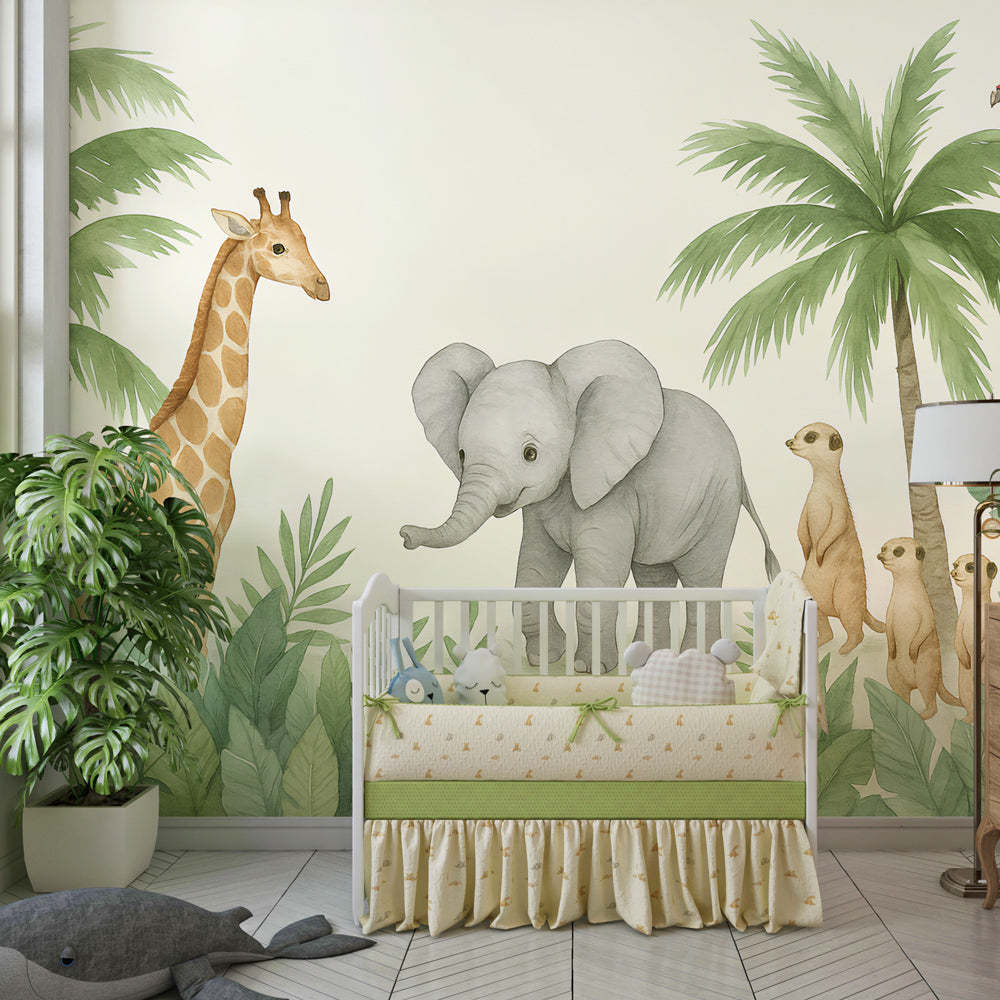 Safari themed mural wallpaper transforming children's playroom into African adventure space