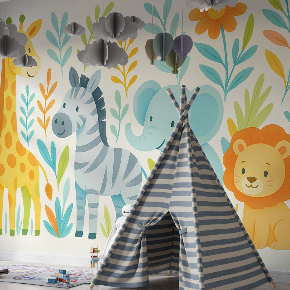 Children's safari wallpaper featuring zebra and lion in colorful playroom setting
