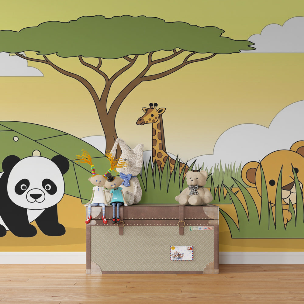 Colorful safari mural wallpaper with lion cub transforming kids playroom space