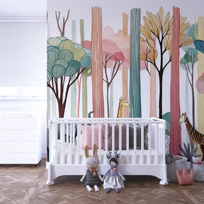 Safari themed mural wallpaper with zebras and trees in bright kids playroom setting