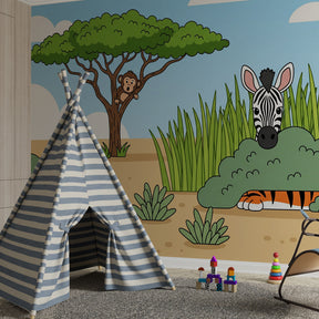 Children's safari mural wallpaper featuring zebra and lion in colorful playroom setting