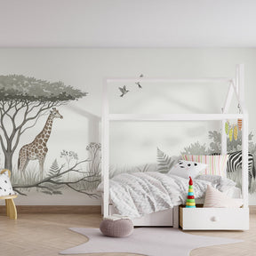 African safari themed mural wallpaper transforming children's playroom decor
