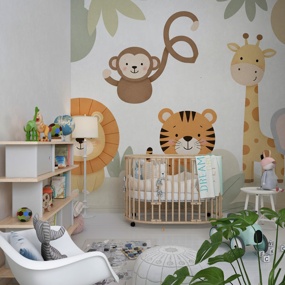 Children's safari mural wallpaper transforming playroom into African adventure space