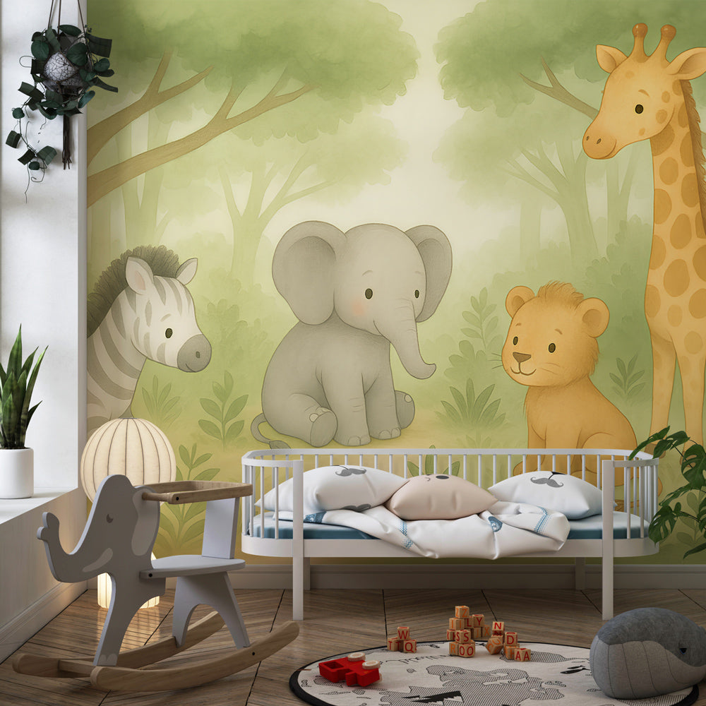 Safari themed mural wallpaper for children's playroom featuring adorable savanna creatures
