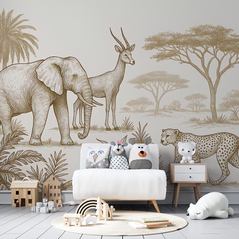 Safari themed mural wallpaper transforming children's playroom with educational animal design