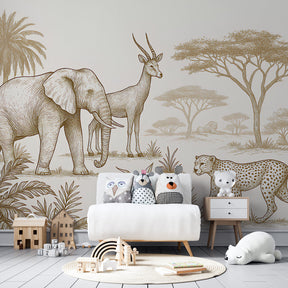 Safari themed mural wallpaper transforming children's playroom with educational animal design