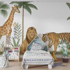 Tropical safari mural wallpaper with tigers and toucans in children's playroom