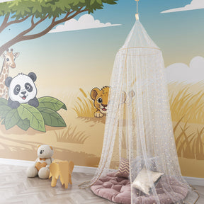 African safari mural wallpaper in children's playroom featuring giraffe and tree scene by Kids-Mundo