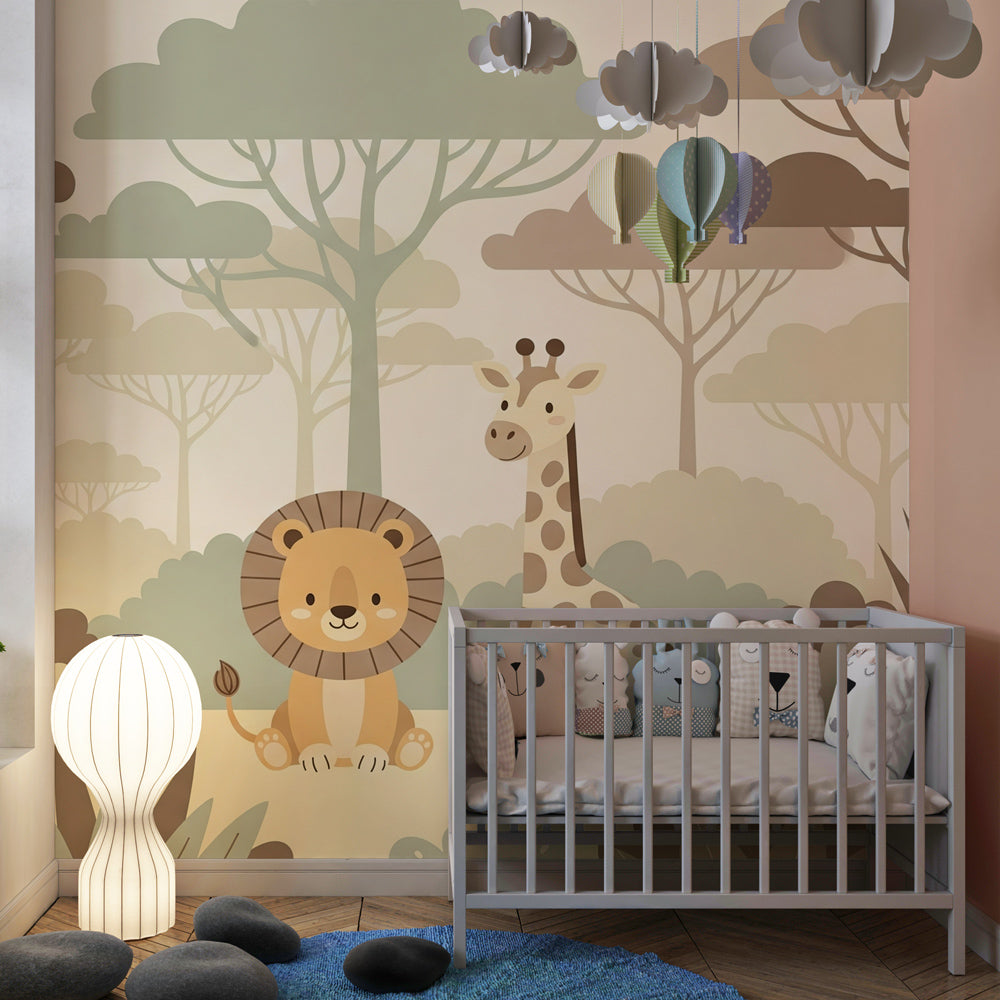 Animal themed wallpaper transforming kids playroom with gentle safari scene