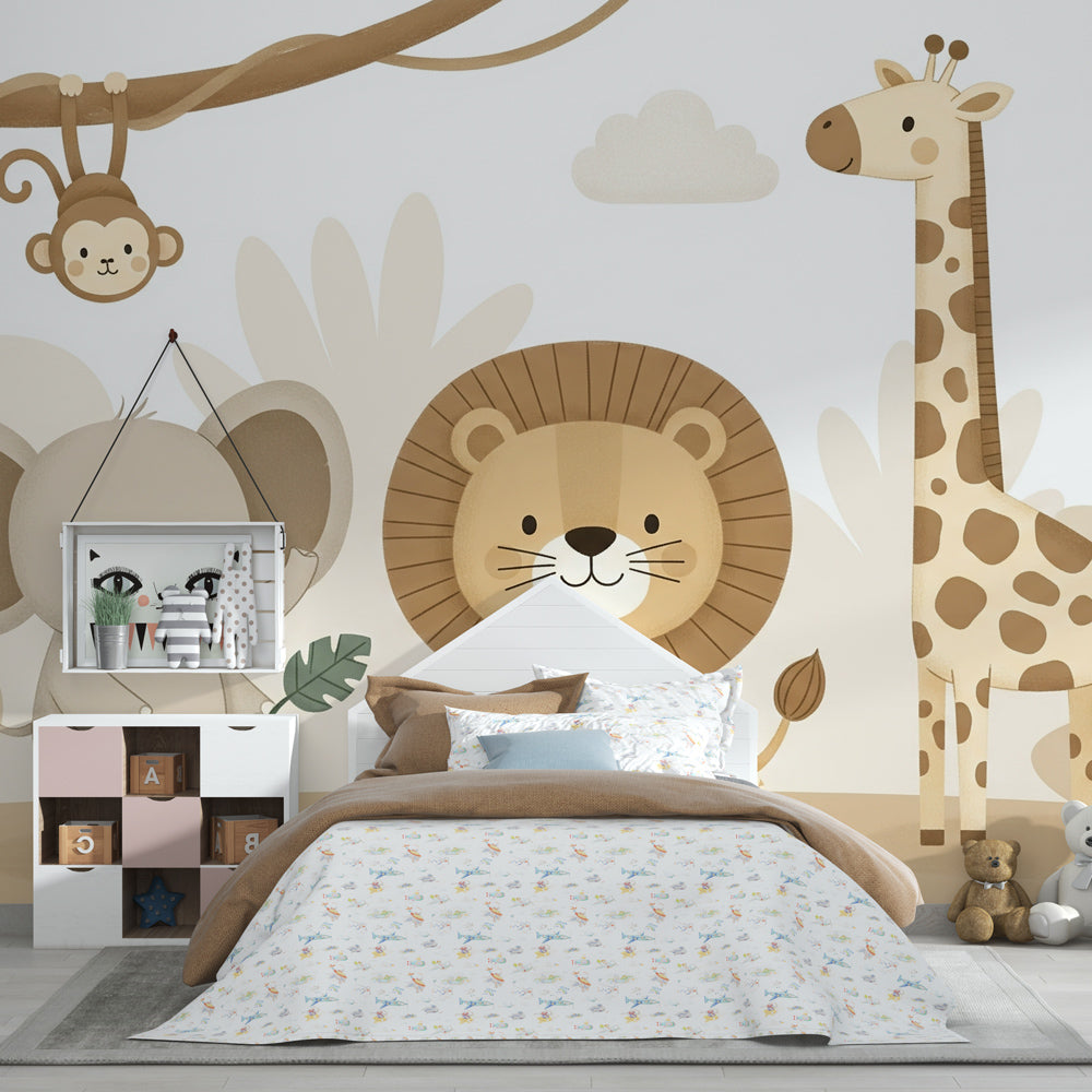 Children's safari wallpaper inspiring wildlife adventure in modern playroom by Kids-Mundo