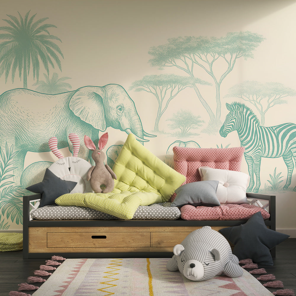 Majestic safari animals wallpaper in children's playroom featuring hippo and palm trees