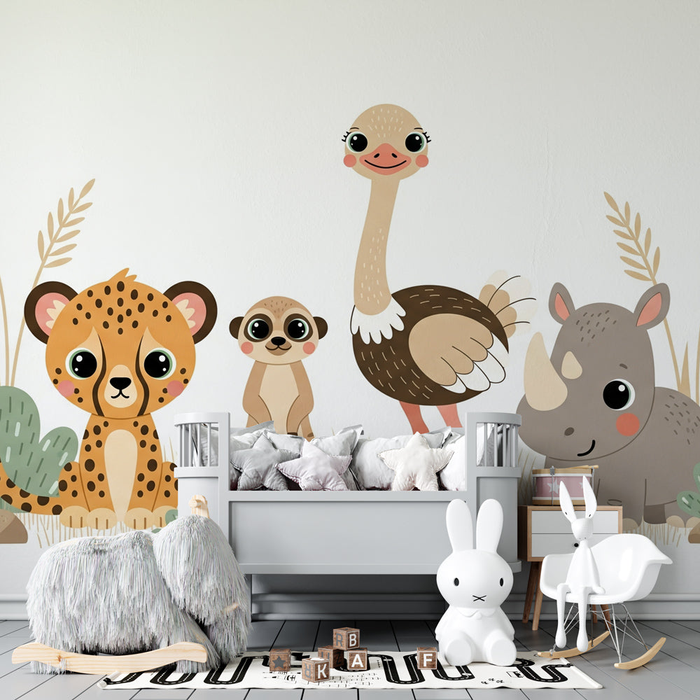 Safari theme mural wallpaper with leopard and meerkat for colorful kids playroom