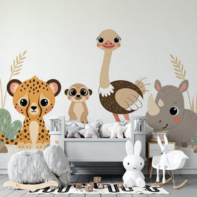 Safari theme mural wallpaper with leopard and meerkat for colorful kids playroom