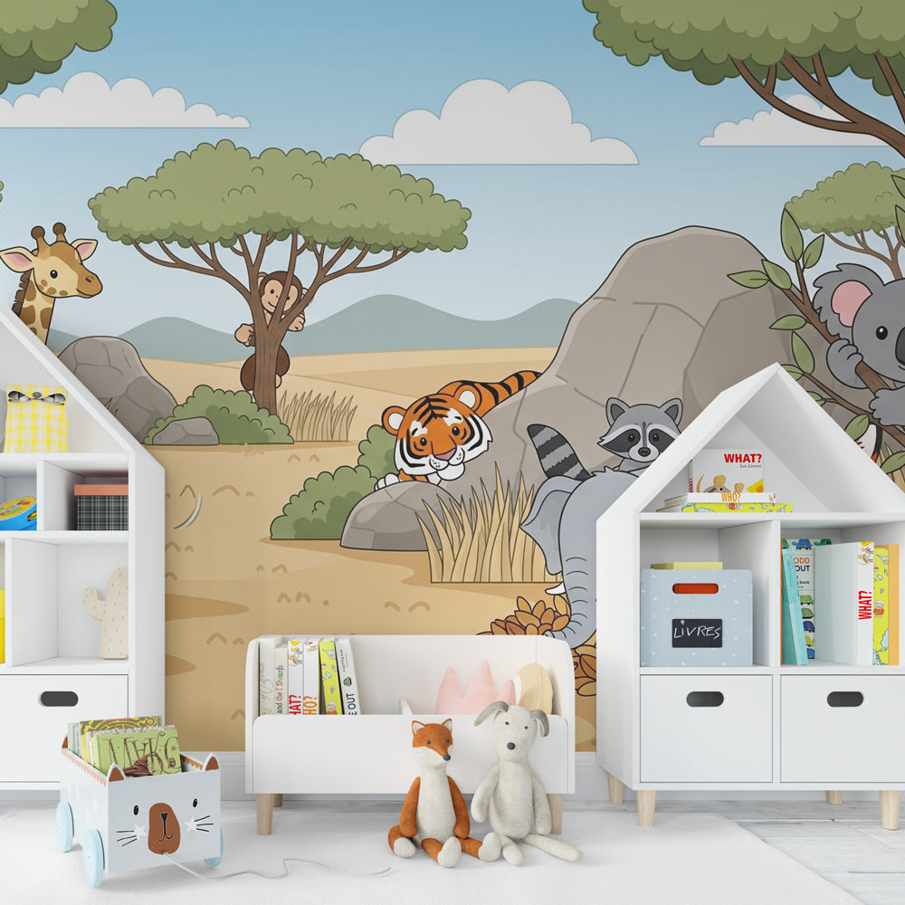 Safari themed mural wallpaper creating magical playroom atmosphere for children