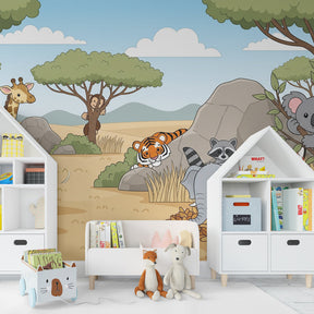 Safari themed mural wallpaper creating magical playroom atmosphere for children