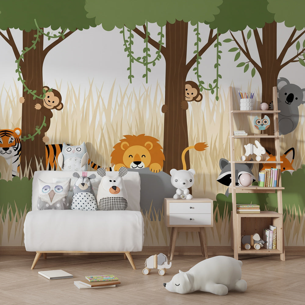 Safari themed mural wallpaper with giraffes and lions in colorful kids playroom