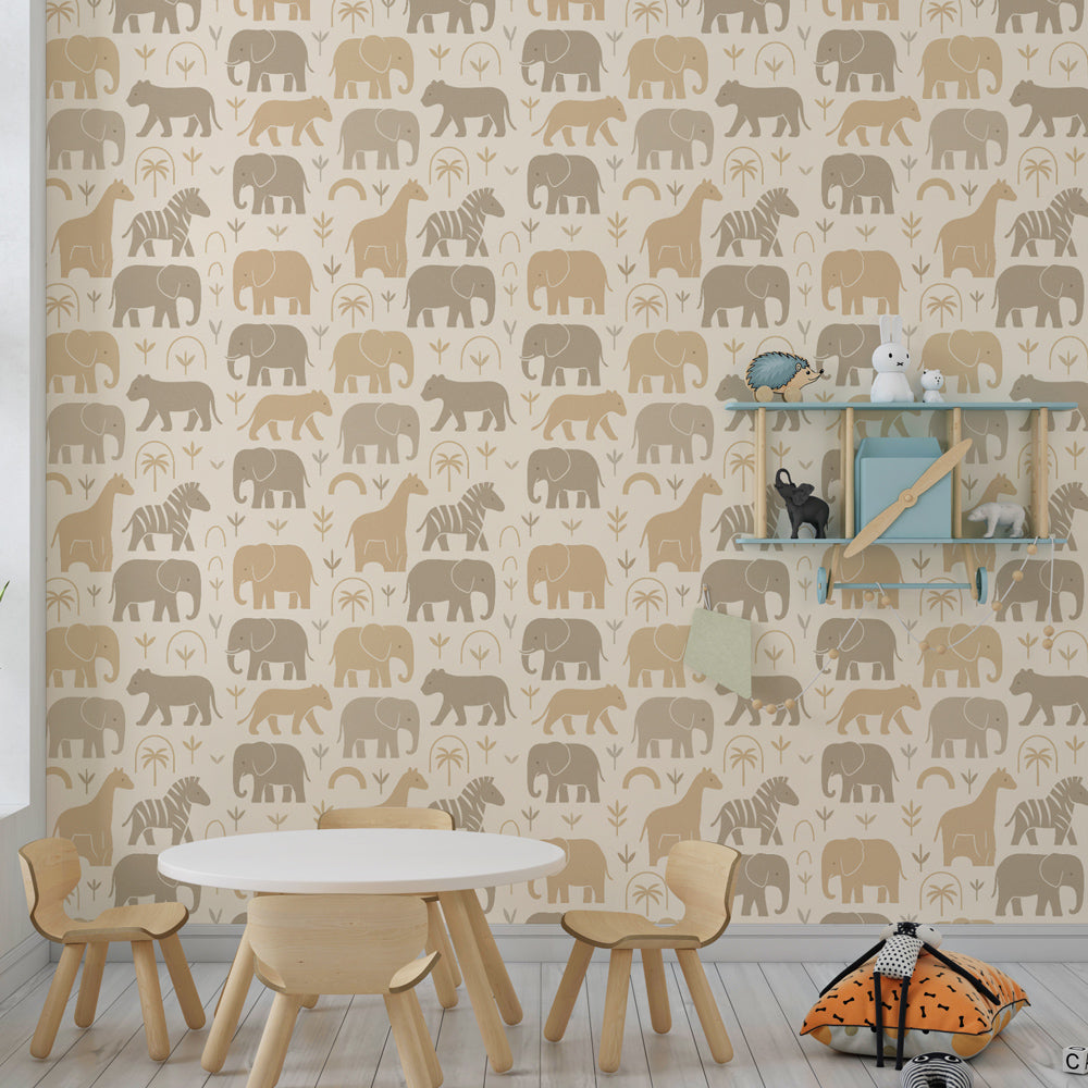 Educational safari wallpaper transforming children's playroom into African adventure space
