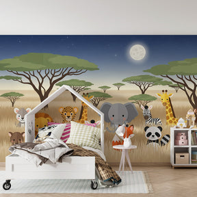 Wildlife safari mural wallpaper transforming kids playroom into African adventure space
