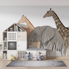 African safari themed mural wallpaper featuring zebra and elephants in kids playroom setting