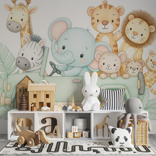Adventure car safari wallpaper creating playful atmosphere in children's playroom interior