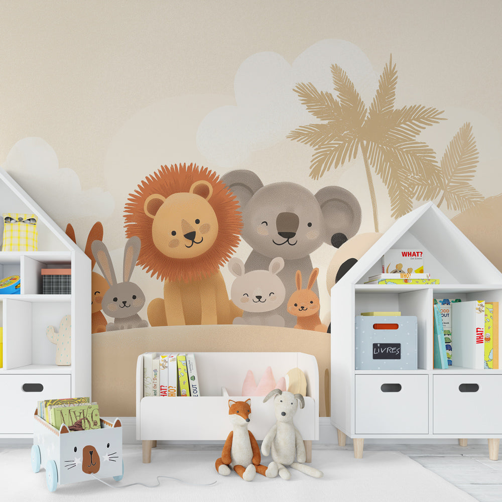 Wildlife themed mural wallpaper for kids playroom featuring friendly safari animals by Kids-Mundo