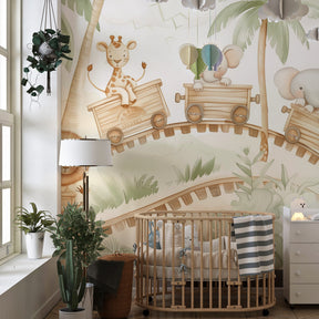 Colorful safari mural wallpaper with palm trees enhancing playroom adventure theme by Kids-Mundo