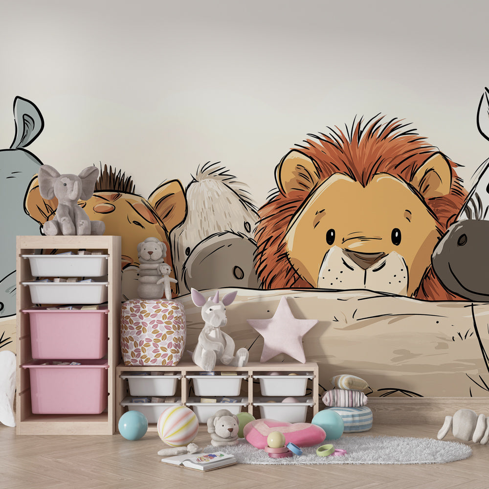 Safari theme mural wallpaper transforming children's playroom with adorable savanna animals